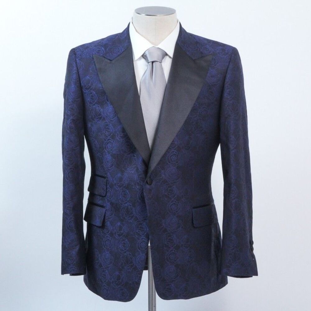 Zignone Mens Wool Tuxedo Blazer Jacket 42R Blue Black Rose Jacquard Motif EUC